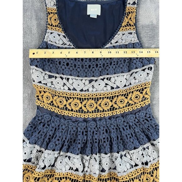 Maeve Dress Mini Fit Flare Venetian Lace Crochet Size 8 Blue Gold Gray - Picture 3 of 10